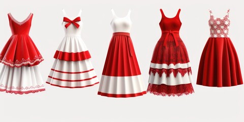 A collection of red and white dresses adorned with bows. Perfect for formal occasions and festive events