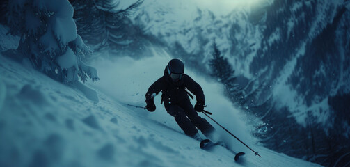 A man riding skis down a snow-covered slope. Perfect for winter sports and outdoor activities