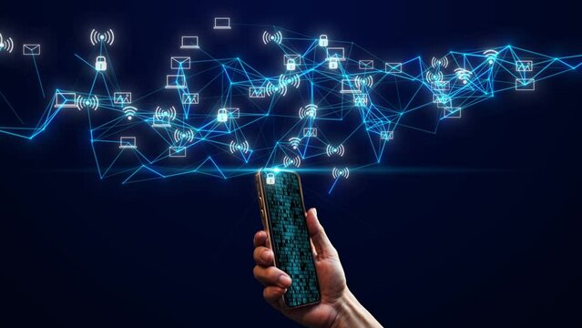 People Using Smart Phone,mobile Phone High Technology Background. Smart Phone On The Hand And Plexus Connection Moving With, Wifi, Gallery , Hotspot Gmail Icon, Abstract Animation Of Mobile Phone Tech