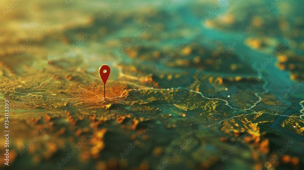 Poster a small red pin is placed on a map. ideal for illustrating location, navigation, or travel concepts