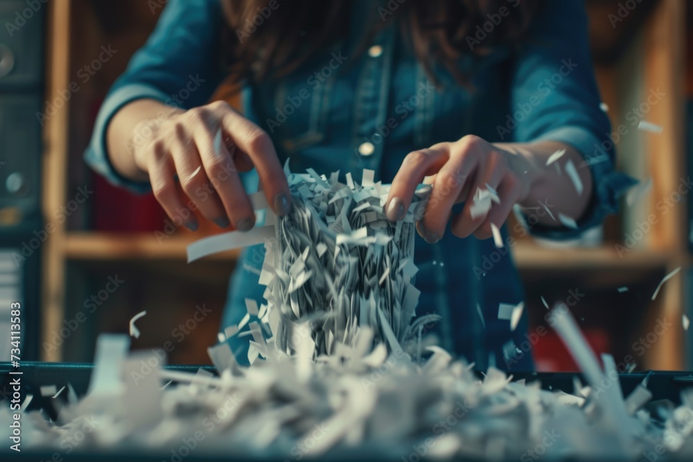 Poster a woman is cutting shredded paper with scissors. this versatile image can be used for various purpos