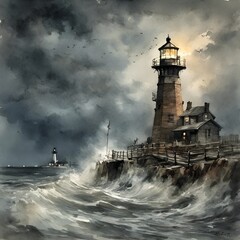 Two lighthouses in stormy sea with birds in stormy sky watercolor illustration