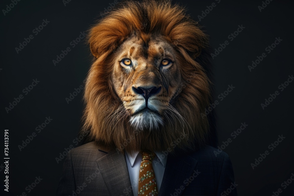 Poster a man wearing a suit with a lion head on his head. this unique and eye-catching image can be used in