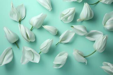 Tulip petals seen from above forming a mesmerizing display on a mint green background, with ample space for text creativity.