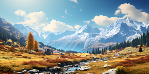 Fantastic autumn landscape with snow-capped mountain peaks. - obrazy, fototapety, plakaty