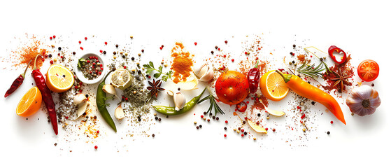 vegetables and spices on white background in the styl