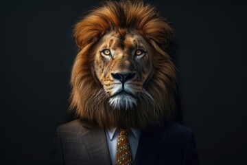 A man wearing a suit with a lion head on his head. This unique and eye-catching image can be used in various creative projects
