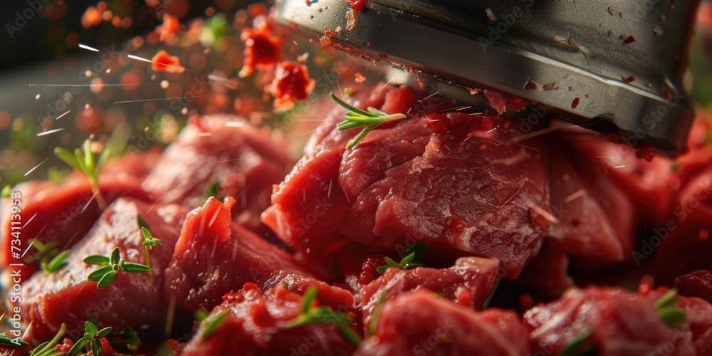 Poster A close up view of a bunch of meat on a cutting board. This image can be used to showcase various types of meat or to illustrate cooking and food preparation.