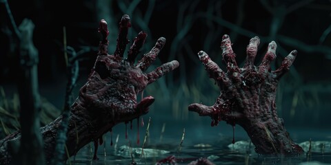 A chilling image of a pair of bloody hands emerging from the water. This image can be used to create suspense and tension in various projects