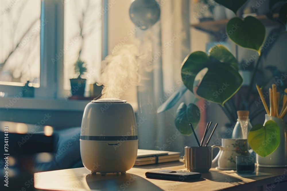Poster a white humidifier sits on top of a wooden table. perfect for adding moisture to any room