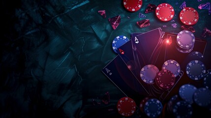 Dark atmospheric casino gambling scene with scattered poker chips and cards on a table. modern stylish gambling background. thrilling night life gaming theme. AI