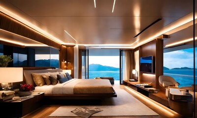 Fototapeta na wymiar Opulent Oasis: Exquisite Floating Hotel Room Design for Ultimate Relaxation 