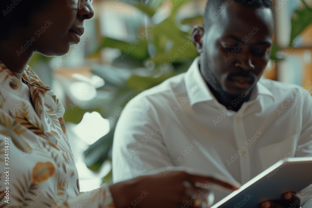 Poster a man and a woman are seen looking at a tablet. this image can be used to illustrate technology, com
