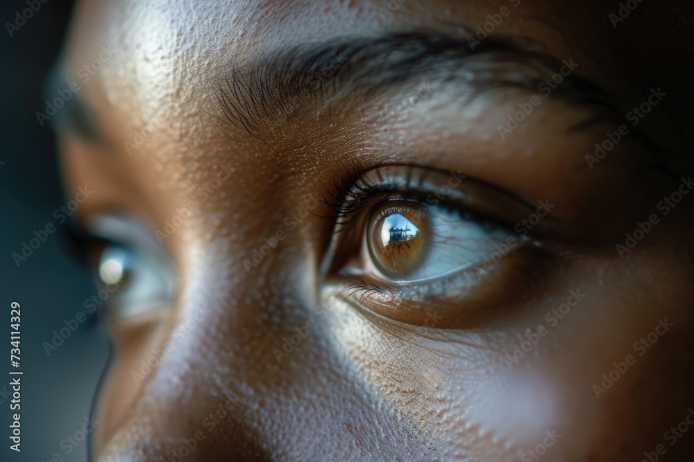 Poster An up-close view of a person's eye with a cell phone. This image captures the connection between technology and human interaction. Suitable for various digital and communication concepts
