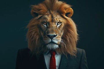 A man wearing a suit with a lion head on his head. This image can be used to represent creativity, uniqueness, or a quirky fashion statement