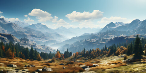 Fantastic autumn landscape with snow-capped mountain peaks.
