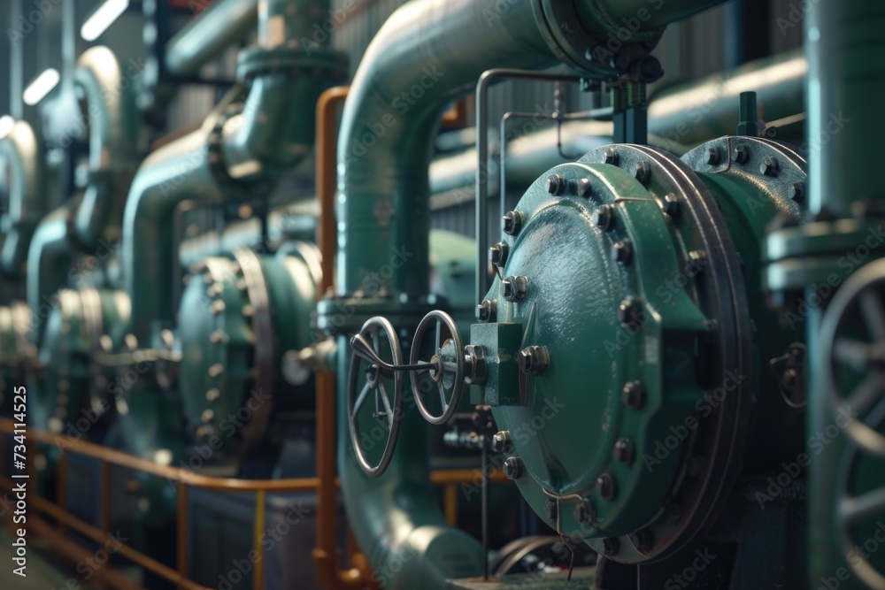 Poster a collection of pipes and valves in a building. versatile image for use in industrial, construction,