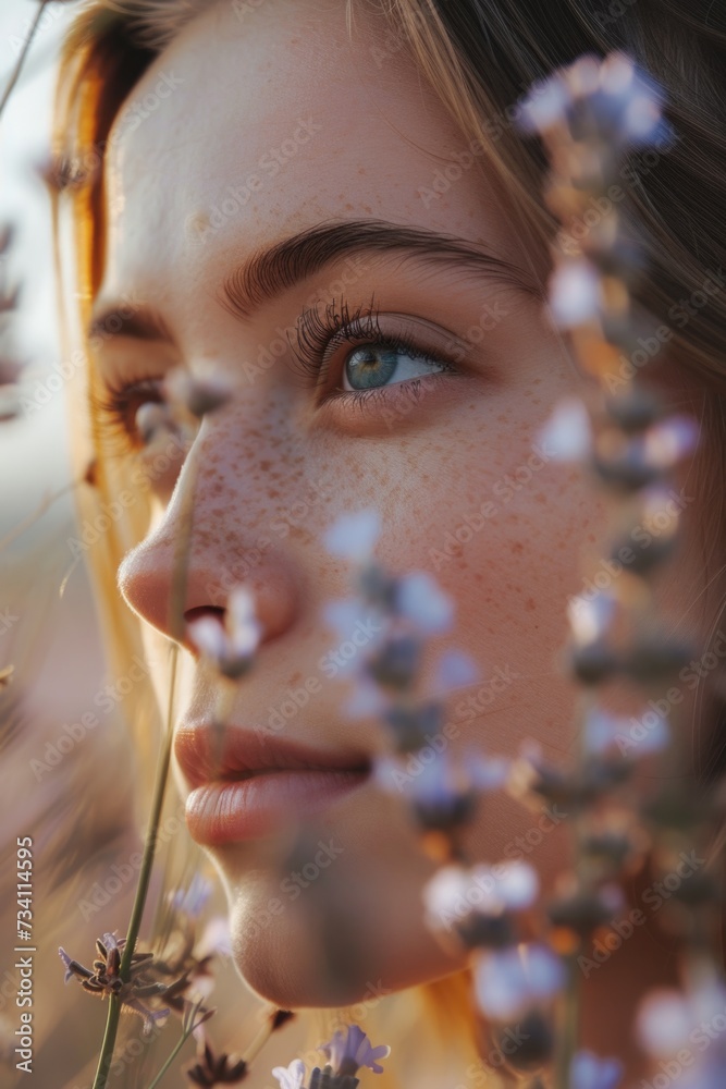 Poster a close-up view of a woman's face showcasing her freckles. this image can be used for various purpos