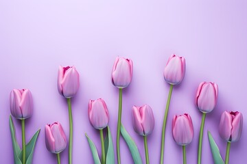 Vibrant tulip heads seen from above on a soft lilac background, presenting an inviting canvas for text.