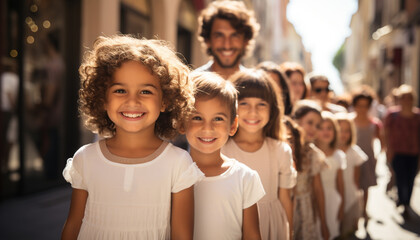 Fototapeta premium Smiling children outdoors, looking at camera, enjoying summer together generated by AI
