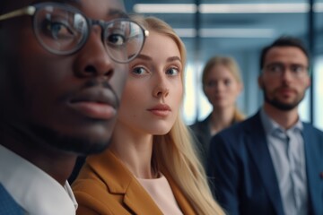 Obraz premium A group of business people standing in a line. Suitable for corporate presentations or team-building materials