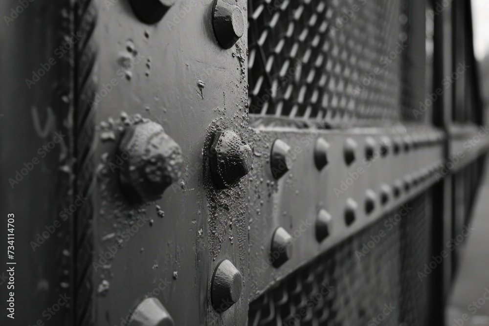 Poster a detailed view of a metal structure featuring rivets. this image can be used to depict industrial d
