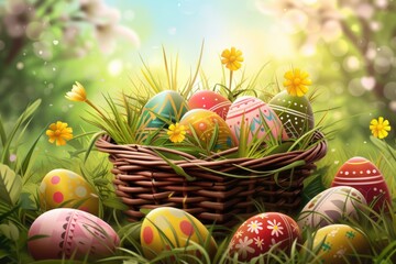A basket full of colorful Easter eggs sitting in the grass. Perfect for Easter-themed projects and designs
