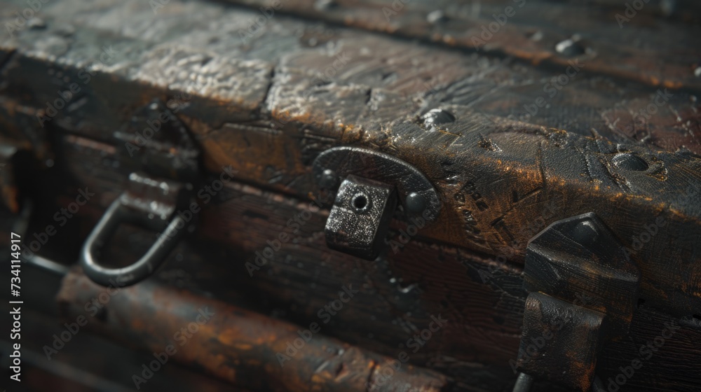 Poster a detailed view of a trunk with a lock. can be used to represent security, storage, or secrets