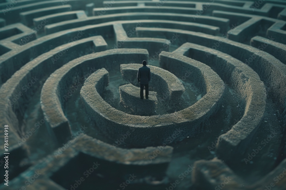Poster A man standing in the middle of a maze. Suitable for illustrating concepts such as decision-making, problem-solving, confusion, and finding one's way