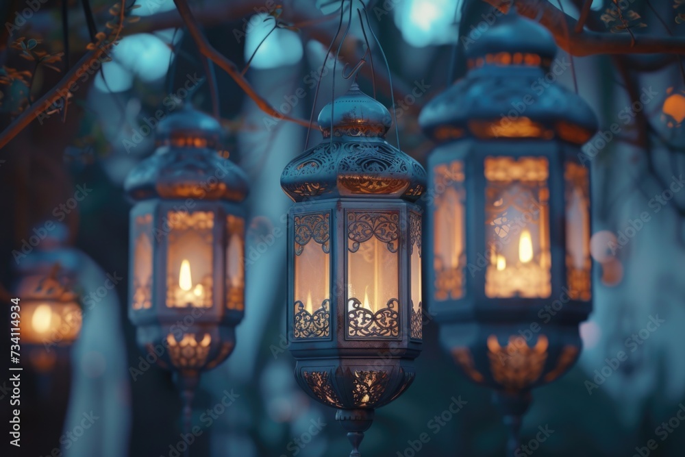 Poster A cluster of lanterns suspended from a tree, creating a whimsical and enchanting ambiance. Perfect for outdoor events, garden parties, or adding a touch of magic to any setting