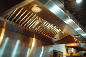 A stainless steel kitchen hood and exhaust fan. Perfect for removing smoke and odors while cooking. Ideal for modern kitchens