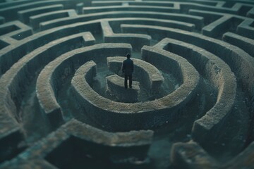 A man standing in the middle of a maze. Suitable for illustrating concepts such as decision-making, problem-solving, confusion, and finding one's way