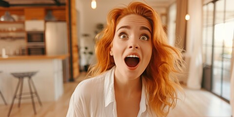 A woman with a surprised expression on her face. Suitable for illustrating emotions and reactions