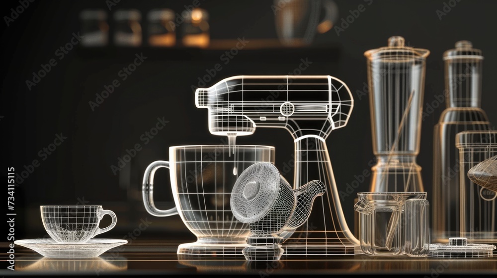 Poster a picture of a blender and cups placed on a table. suitable for kitchenware and cooking-related them