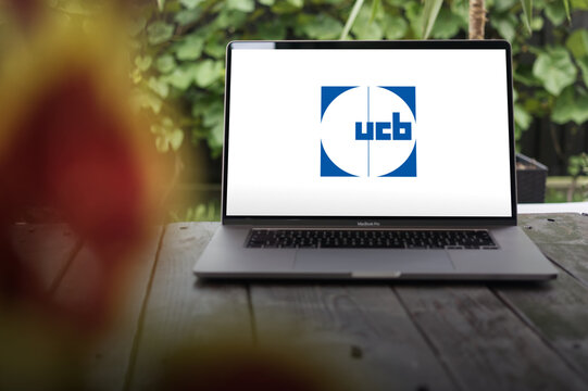 UCB logo,  biopharmaceutical company headquartered in Brussels, Belgium, displayed on MacBook Pro screen
