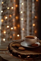 Obraz premium A simple and inviting scene with a cup of coffee and some cookies placed on a table. Perfect for illustrating a cozy coffee break or showcasing a delicious treat.