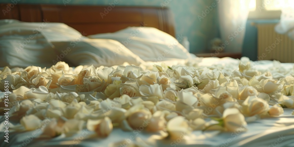 Poster a bed covered in an abundance of white flowers. perfect for adding a touch of elegance and romance t