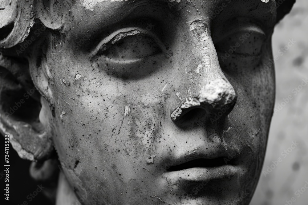 Poster detailed close-up of a statue depicting the face of a man. suitable for various artistic and histori