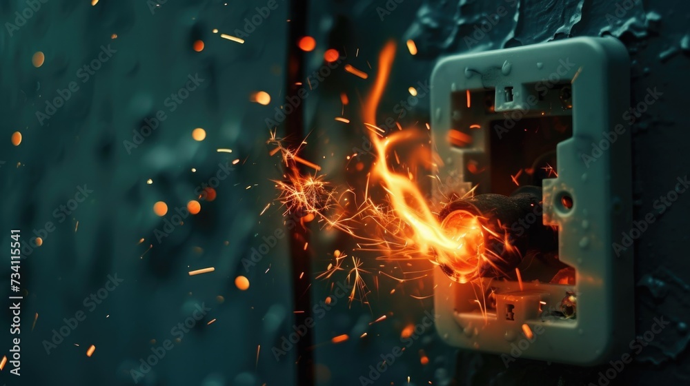 Poster a close-up view of a light switch with sparks shooting out. ideal for illustrating electrical hazard