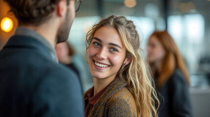 Young smiling woman chatting between colleagues in an office. Meeting of coworkers coordinating and organizing new objectives. Ai generated