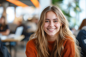 Young blonde girl in casual clothes in a shared and collaborative office environment. Young entrepreneur woman in a coworking space. Ai generated
