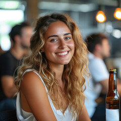 Obraz premium Very smiling and happy young girl having a soft drink on her work break in a blurred office environment. Ai generated