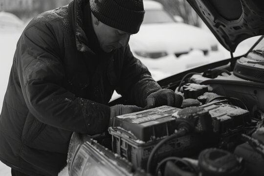 A man is seen working on a car engine in the snowy weather. This image can be used to depict winter car maintenance or a breakdown in cold conditions