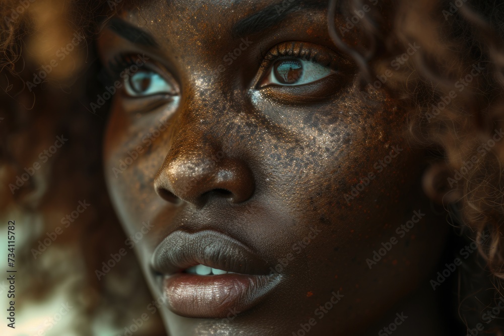 Poster a close-up view of a woman's face with freckles. this image can be used for various purposes