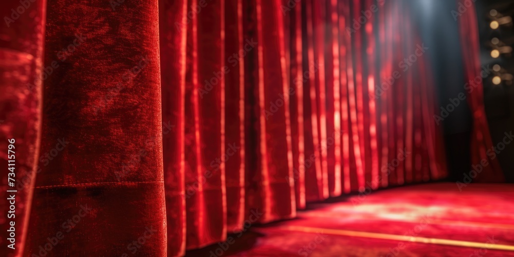 Poster a stage with red curtains and a red carpet. perfect for theater performances and events