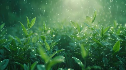 Fototapeta premium A picture of a bunch of green plants being watered by the rain. This image can be used to depict the beauty and freshness of nature or to symbolize growth and rejuvenation.