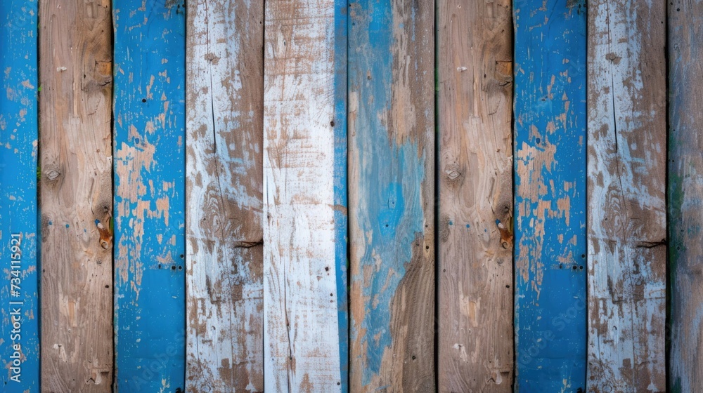 Poster A detailed view of a wooden fence with peeling paint. Perfect for adding texture and rustic charm to any design project