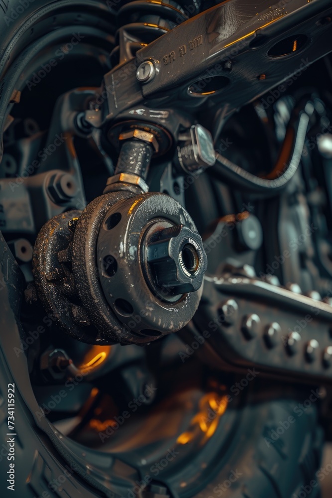 Poster close-up of a motorcycle wheel showing the intricate details of the bolts and nuts. perfect for auto
