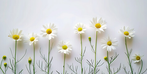 white flowers on a white background with stems in the - obrazy, fototapety, plakaty