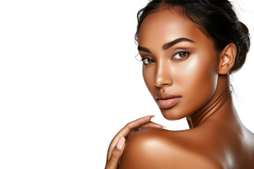 Studio portrait of a beautiful African American woman with clean healthy skin isolated on transparent png background.